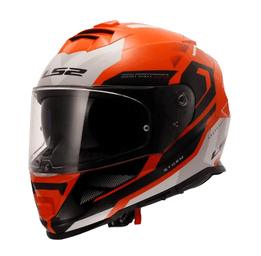 LS2 Storm 2 Kronos Full Face Helmet, Best Affordable Race Helmet in India, Clear Visor Stylish Graphics Helmet safe for indian roads, Top LS2 Helmet in Orange White Color for Indian Motorcycle Bikes like Royal Enfield, KTM, Yezdi, Pulsar, Triumph,