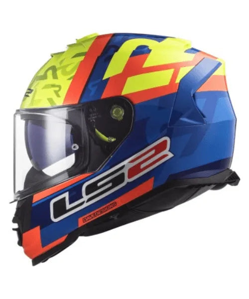 LS2 Storm 2 Salvador Replica Full Face Helmet, Best Affordable Race Helmet in India, Clear Visor Stylish Graphics Helmet safe for indian roads, Top LS2 Helmet in Blue Hi Viz Yellow Color for Indian Motorcycle Bikes like Royal Enfield, KTM, Yezdi, Pulsar, Triumph,