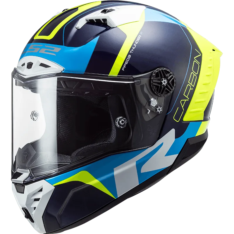 Black Blue Yellow color motorcycle bike helmet from LS2 Brand, Best Full Face Bike Helmet in India, Stylish Helmets in India with High Quality Carbon Fiber material, Safest Helmet for Indian Roads