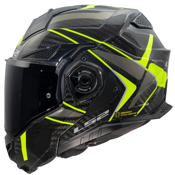 LS2 Advant x Carbon Future Full Face Helmet, Best Affordable Race Helmet in India, Clear Visor Stylish Graphics Helmet safe for indian roads, Top LS2 Helmet in Hi Viz Yellow Black Color for Indian Motorcycle Bikes like Royal Enfield, KTM, Yezdi, Pulsar, Triumph,