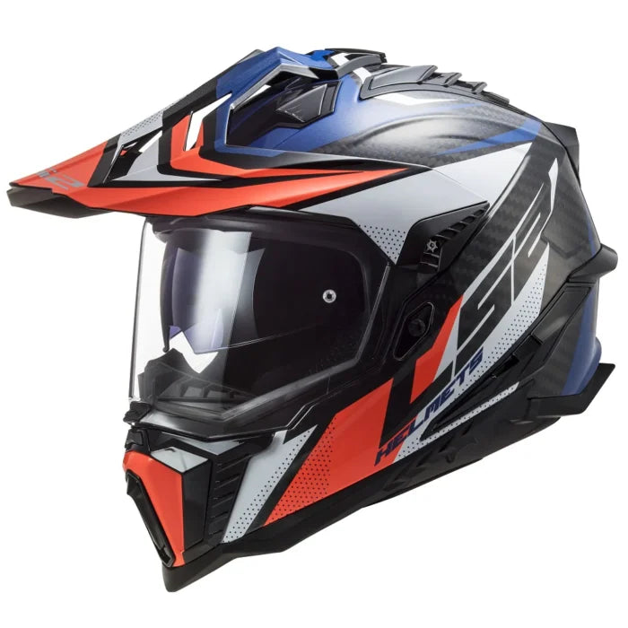 Ls2 Mx701 Explorer Carbon Focus Dual Sports Helmet - Gloss Blue White Red Styish Color Motorcycle Best Bike Helmet in India
