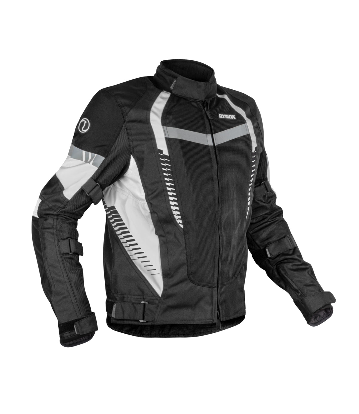 RYNOX Tornado Pro 4 Riding Jacket - CE Level 2 Certified Class A Black White Touring Jacket for Bikes in India, Best Riding Jacket for indian motorcycle for road trips. Best Rynx Riding gear in India.