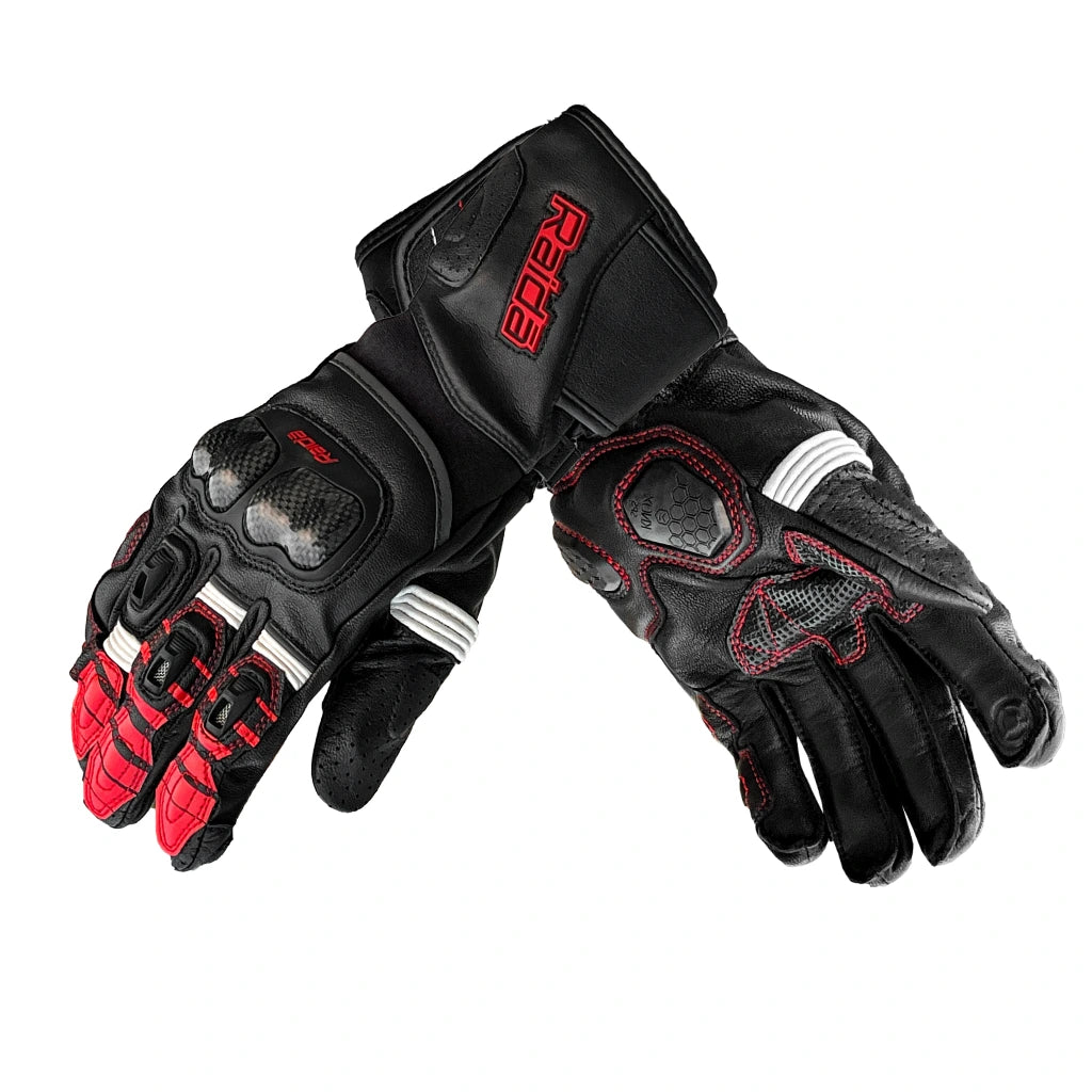 Raida Aeroprix Carbon Edition Full Gauntlet Riding Gloves in Black Red, Carbon Fiber Protection, Safest Bike Gloves in India, Best Riding Gloves for Bike riders in india