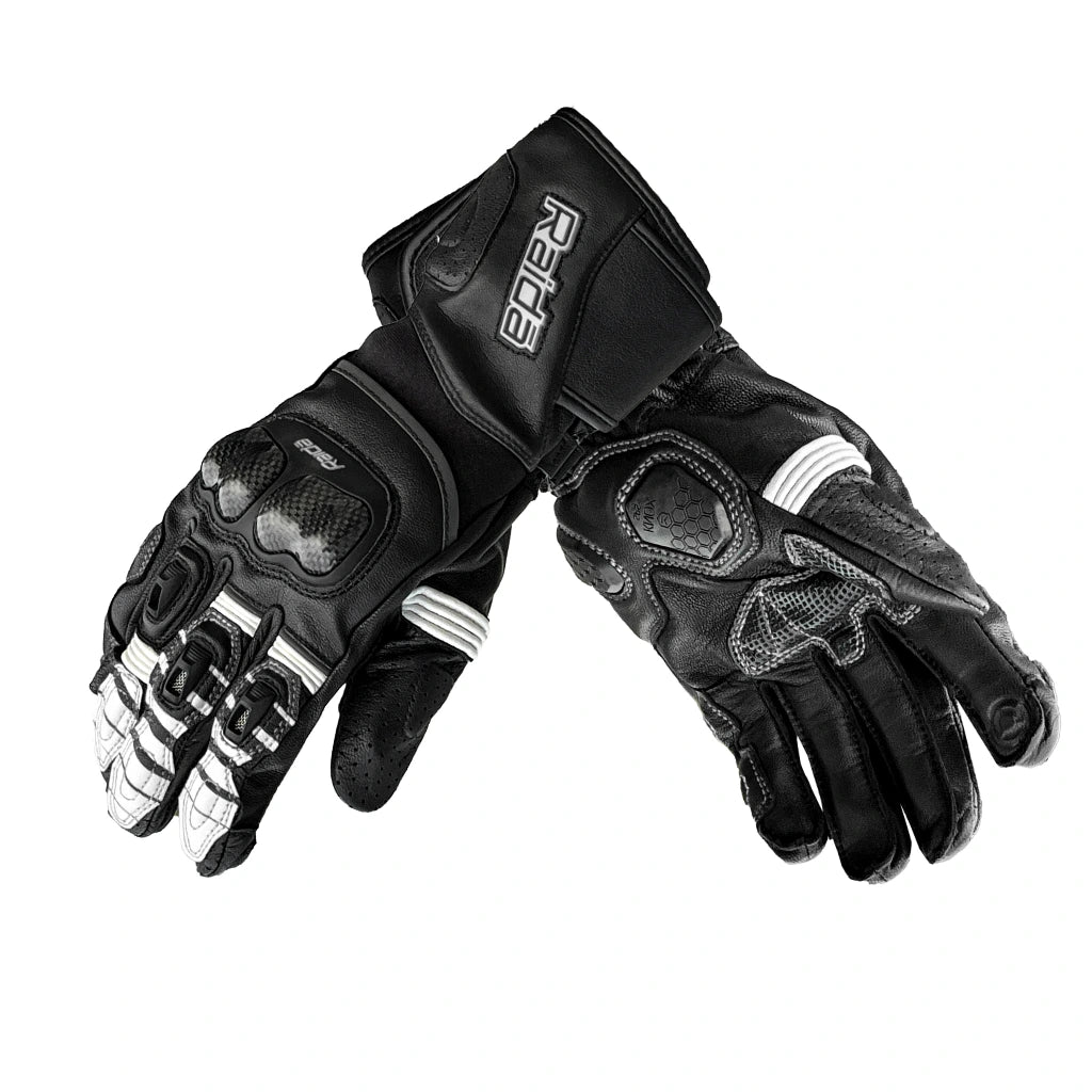 Raida Aeroprix Carbon Edition Full Gauntlet Riding Gloves in Black White, Carbon Fiber Protection, Safest Bike Gloves in India, Best Riding Gloves for Bike riders in india