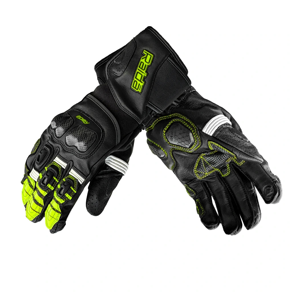 Raida Aeroprix Carbon Edition Full Gauntlet Riding Gloves in Black Yellow, Carbon Fiber Protection, Safest Bike Gloves in India, Best Riding Gloves for Bike riders in india