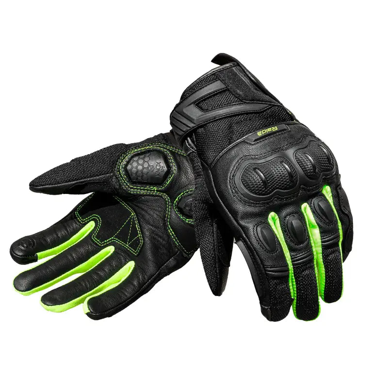 Raida AirWave Full Leather Motorcycle Riding Gloves in Black Green Color – Knox® SPS, TPR Protection & Touchscreen Ready, Best Riding Gloves in India, Safe Bike Gloves for Indian Riders,