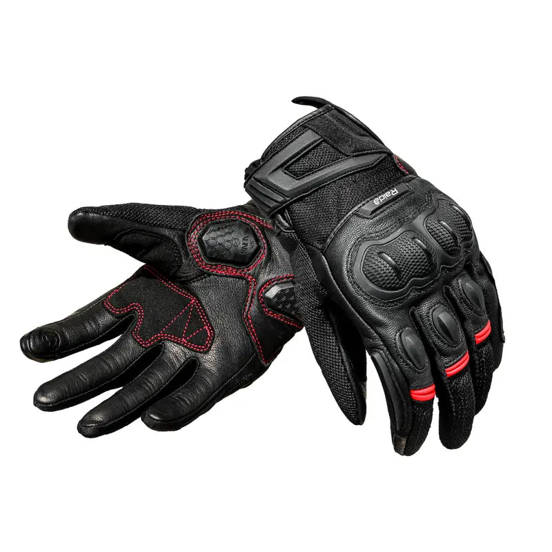 Raida AirWave Full Leather Motorcycle Riding Gloves in Black Red Color – Knox® SPS, TPR Protection & Touchscreen Ready, Best Riding Gloves in India, Safe Bike Gloves for Indian Riders,