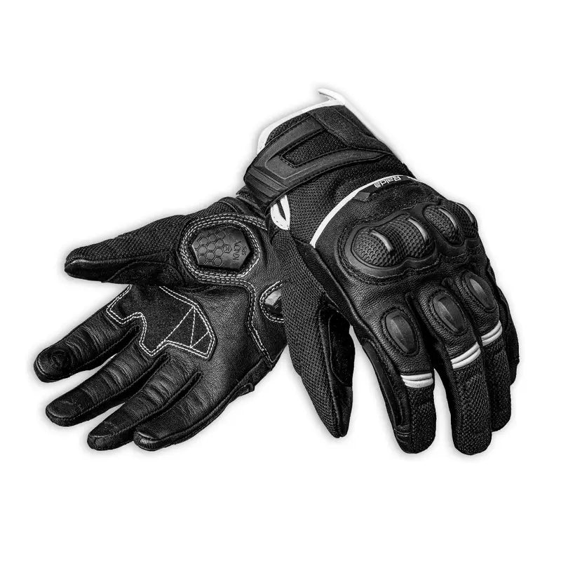 Raida AirWave Full Leather Motorcycle Riding Gloves in Black White Color – Knox® SPS, TPR Protection & Touchscreen Ready, Best Riding Gloves in India, Safe Bike Gloves for Indian Riders,