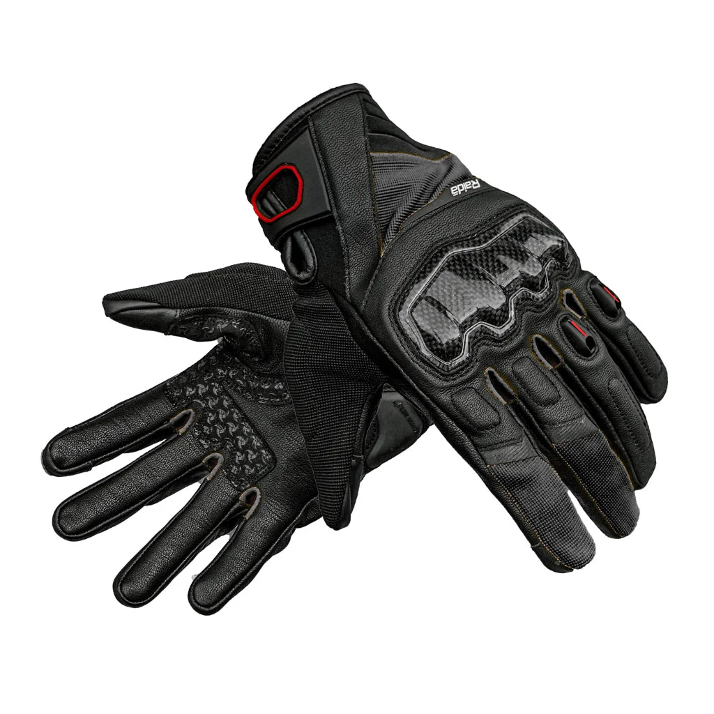 Raida Carbonite Bike Riding Gloves Black Color – Carbon Fiber Knuckles, Leather Build, Touchscreen & Touring Ready, Best Riding Gloves in India, Best Riding gloves for bike riders for safe riding, road trips, long touring