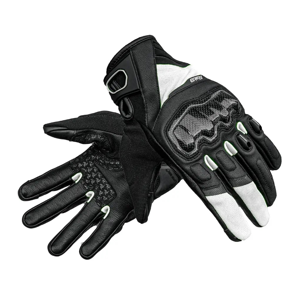 Raida Carbonite Bike Riding Gloves Black White Color – Carbon Fiber Knuckles, Leather Build, Touchscreen & Touring Ready, Best Riding Gloves in India, Best Riding gloves for bike riders for safe riding, road trips, long touring