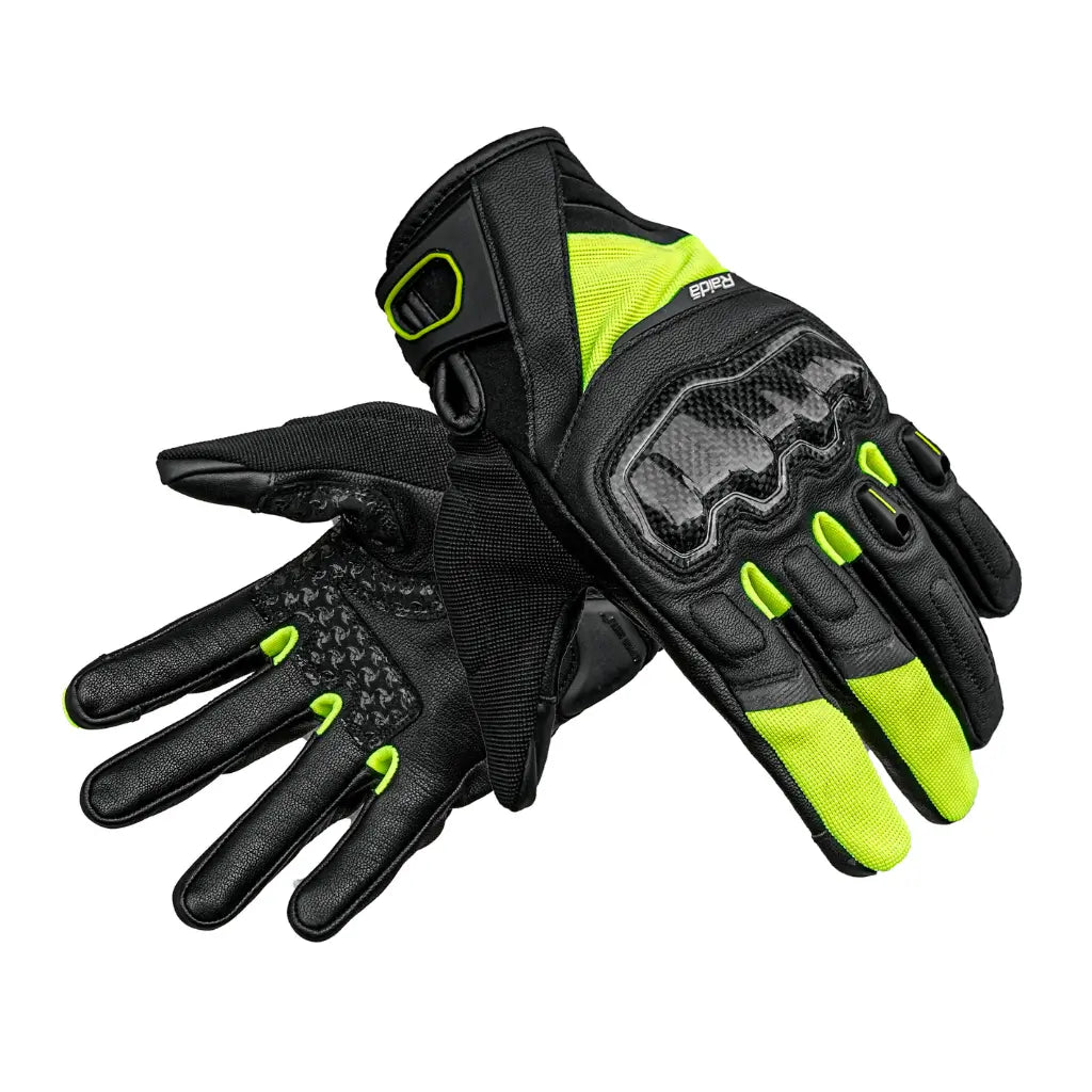 Raida Carbonite Bike Riding Gloves Black Yellow Color – Carbon Fiber Knuckles, Leather Build, Touchscreen & Touring Ready, Best Riding Gloves in India, Best Riding gloves for bike riders for safe riding, road trips, long touring
