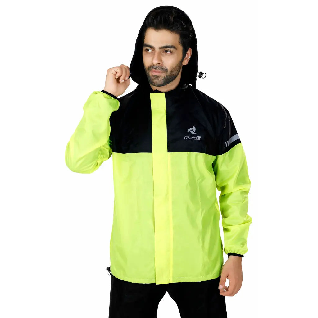 Raida Drymax 15K Rain Jacket in Black Hi Viz Yellow Color – Waterproof Motorcycle Rain Jacket With 15,000Mm Rating, Best Rain Jacket for Bike Riders, Waterproof Jackets for Long Touring, Road Trips, Best Raingear for Bikers, Best Raincoat for Riders in India