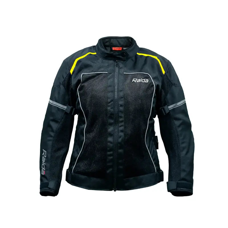 Raida Empress Womens Riding Jacket in Black Hi Viz Yellow Color – Bike Jacket for female riders with Ce Level 2 Armored Protection, Womens Bike Jacket is Tailored Fit For Female Riders, Best womens riding jacket for long touring, road trips and long bike rides