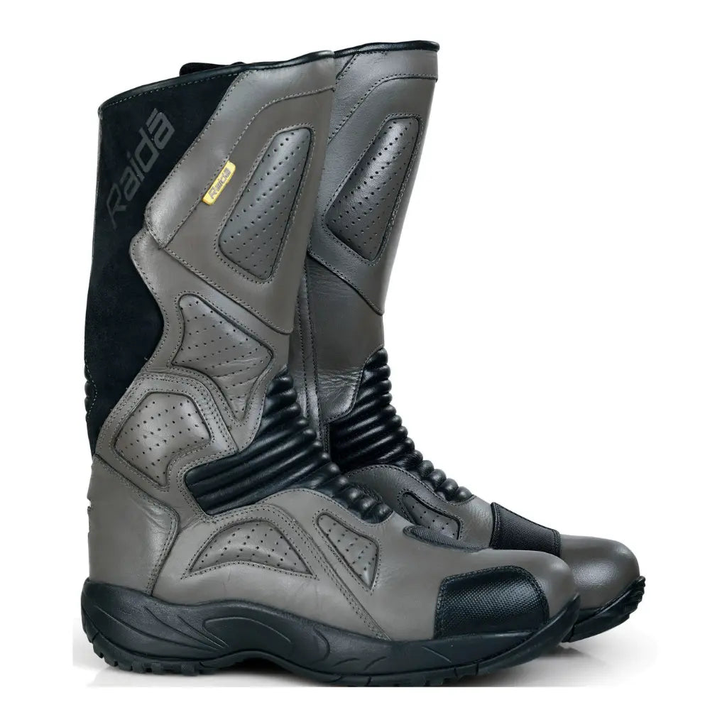 Raida Explorer Riding Boots in Grey Color – Waterproof, ISI-Certified Adventure Touring Boots, Best Waterproof Boots for Bike Riders, Best Riding Boots  in India for Road Trips on Indian Roads, Best Boots for Long Touring and Monsoon and Rainy season