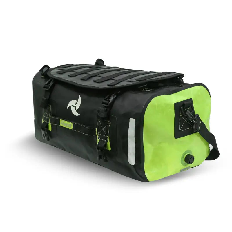 Raida Luggage Dryporter Waterproof Tail Bag in Black Hi Viz Green Color – 40L Ipx5 Dry Duffle Bag With Backpack Straps, Best Luggage Bag for Adventure trips, long touring, road trips, bike riding, Best tail bag for bike riders, waterproof duffle bag for adventure riding, indian bikes