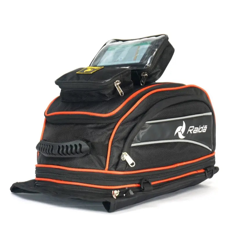 Raida Luggage Gps-Series Magnetic Tank Bag in Black Orange Color – Expandable Motorcycle Tank Bag With Backpack Straps, Best Magnetic Tank Bags in India, Luggage bags for bike riders, Best Tank Bags for long touring, road trips, adventure rides