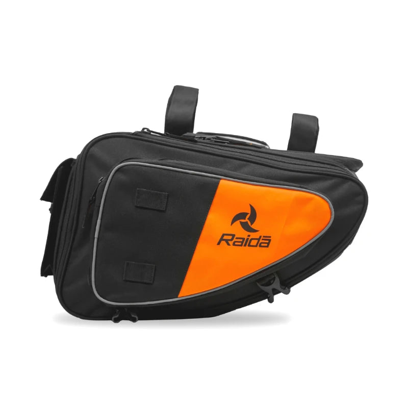 Raida Luggage V50 Saddle Bag in Orange – 50L Expandable Strap Based Motorcycle Saddle Bags With Dust Cover & Tool Pouch, Best Bike Lugagge Bag, Best saddle bag for riders, best saddle bag in india for long touring, road trips, adventure bike riding