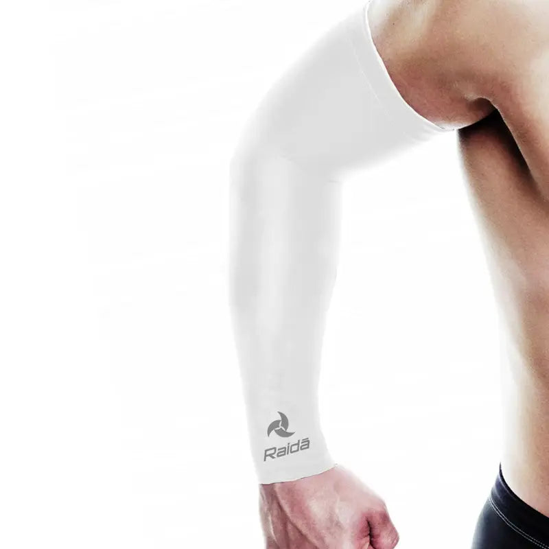 Raida Performance Layer Compression Arm Sleeves in White Color – Full Arm Uv Protection & Muscle Support For Riders & Athletes, Best Arm Sleeves for bike riders for Safety from sun, Long touring, road trips, adventure rides