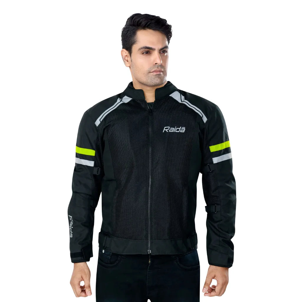 Raida Tourer Motorcycle Jacket in Black Hi Viz Yellow Color – Budget-Friendly Best Riding Jacket under 5000 in India, Best Bike jacket for riders under 5k, Ce Level 2 Armored Riding Jacket ith full safety and protection, Best Bike Jacket for Long touring, road trips, safe long tours for motorcycle riders riding Indian Bikes