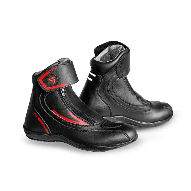 Raida Tourer Motorcycle Riding Boots Black Red Color – Isi-Certified Short Touring Boots With Dual Zippers, Best Riding Boots in India, Best Riding Shoes for Long touring, Road trips.