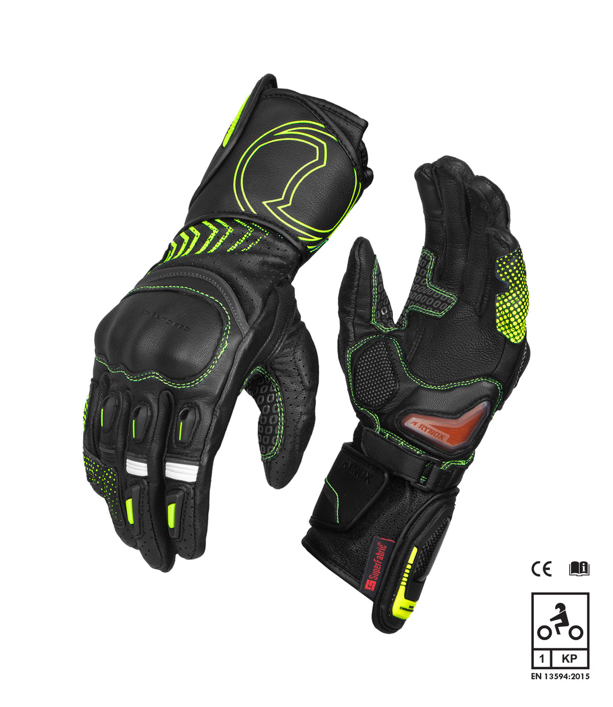 Rynox Advento Pro Riding Gloves in Black Green Color which is CE Certified Full Gauntlet Racing-Inspired Motorcycle Touring Gloves, Best Riding Gloves in India, Buy Motorcycle Bike Gloves in India for Ultimate Safety and perfect for Indian roads, Bike gloves for roadtrips and long touring.