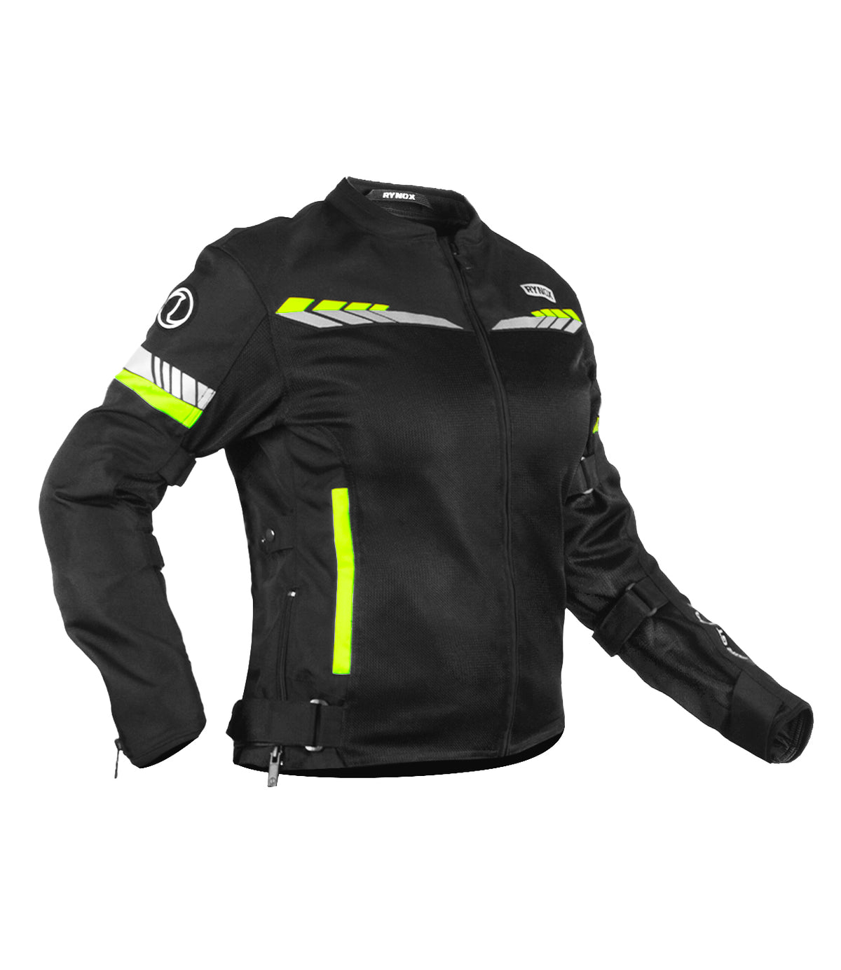 Rynox Air GT 4 Womens Riding Jacket in stylish black hi viz green color - CE Level 2 Certified Touring Jacket for Women in 5000 rupees, Best riding jacket for women riders in india, best womens riding jacket under 10,000, womens riding jacket for road trips and long tours made especialy for women who ride on indian roads and indian motorcycle bikes