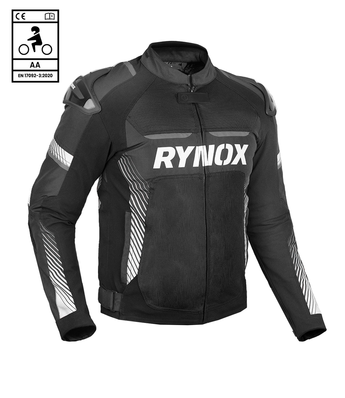 Rynox Apex Evo Riding Jacket in Black White | CE Certified Class AA Rated Supersport Jacket with RHEON Level 2 Armor, Best Riding Jacket in India, Best Riding Jacket in India under 15000, Bike Jacket for sport riding, road trips and long touring, Sports jacket for indian sports bikes designed for indian roads
