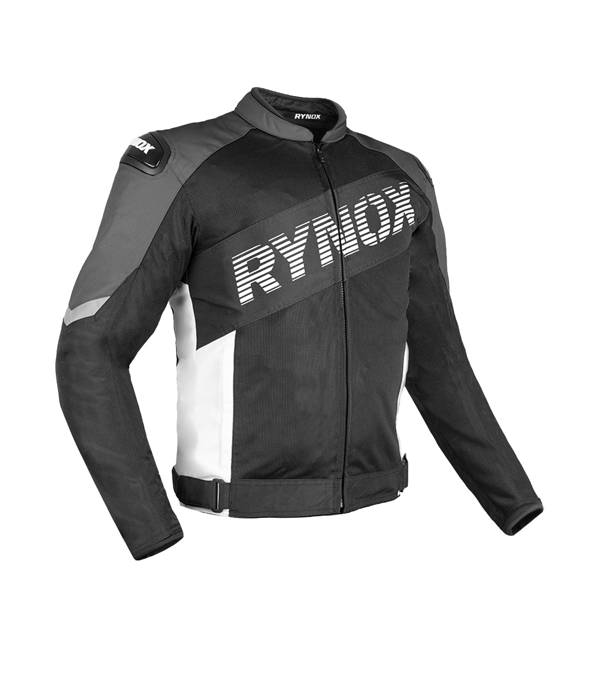 Rynox DELTA GT Sports Riding Jacket in Black White Color | CE Level 2 Protection, Moto Sport Touring & Summer Mesh Ventilation, Best Riding Gear in India, Best Riding Jackets for Bike riders made for Indian Roads. Motorcycle Jackets for Long touring and road trips