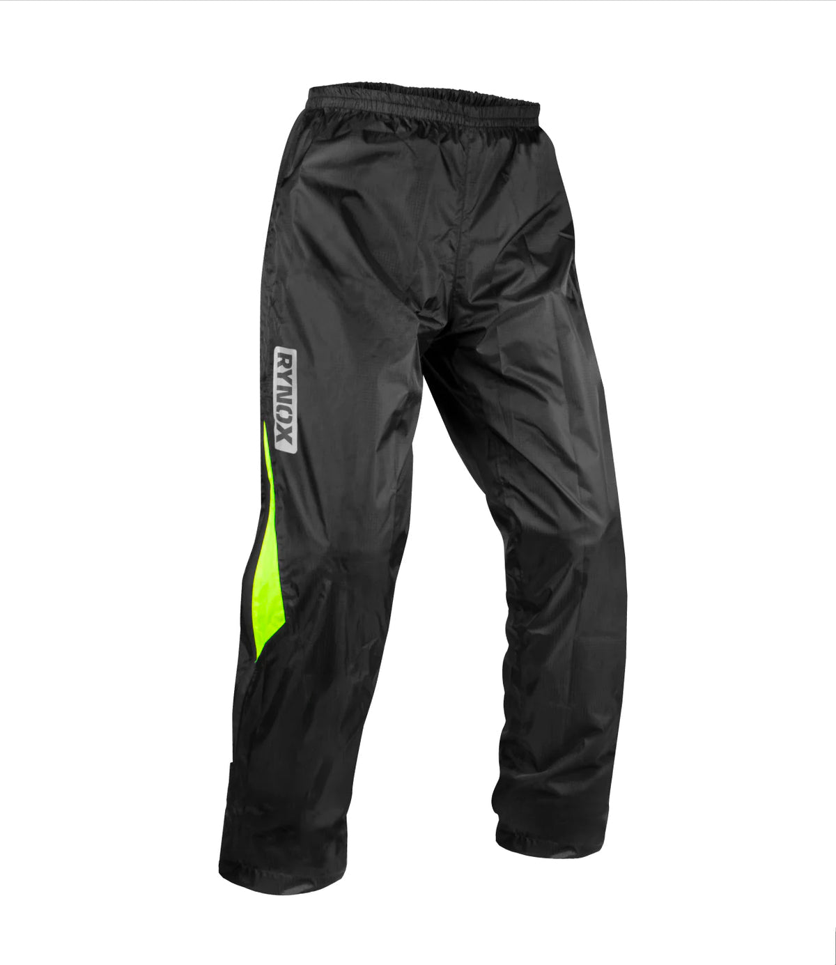Rynox H2Go Pro Rain Pants in Black Hi Viz Green Color - Premium Waterproof Riding Pants for heavy rain monsoon bike riding, Best Rain Gears for road trips, Best Riding pant for motorcycle in india used for long touring.