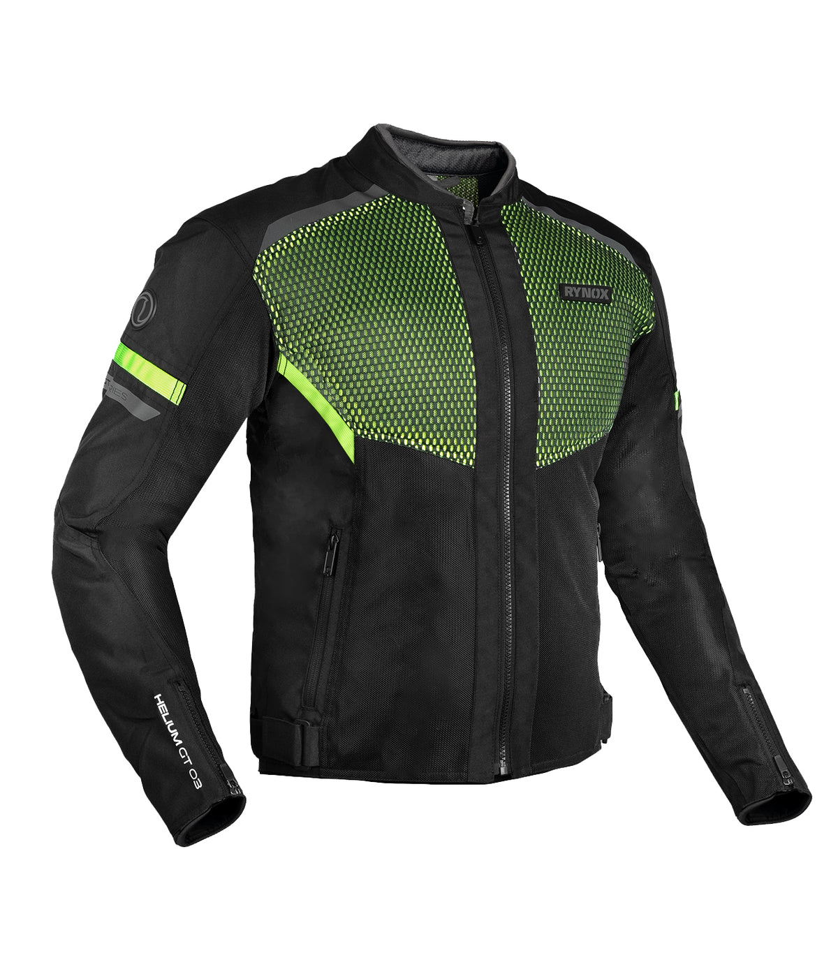 Rynox Helium GT 3 Riding Jacket in Black Green Color - Lightweight CE Level 2 Certified Mesh Jacket, Best Riding Jacket in India, Mesh jacket for Bike Riders, Best Bike Jacket for Road Trips, Long Touring, Motorcycle Tours,