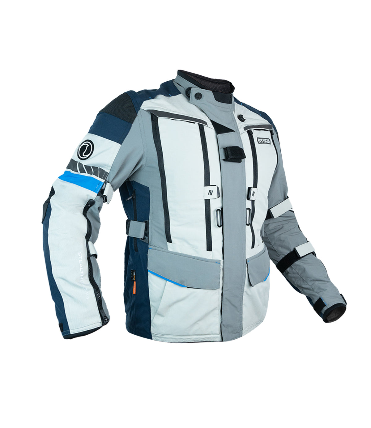 Rynox Stealth Evo 4 ADV Riding Jacket in Arctic Blue White  Color | D3O Level 2 Armor, Waterproof & All-Terrain Touring Jacket, Best Riding Jacket in India for road trips and long touring, Best touring Jacket under 20,000 in india, Made for Indian Roads, Bikes and Motorcycles