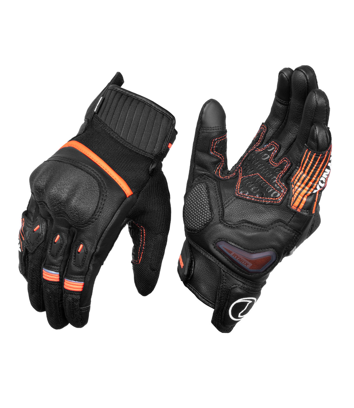 Rynox Tornado Pro 4 Riding Gloves - Black Orange Color, Best riding gloves in India are made of Leather, D3O Protection & Touchscreen Friendly. Best Bike Gloves for road trips, long touring and specially made for indian bikes
