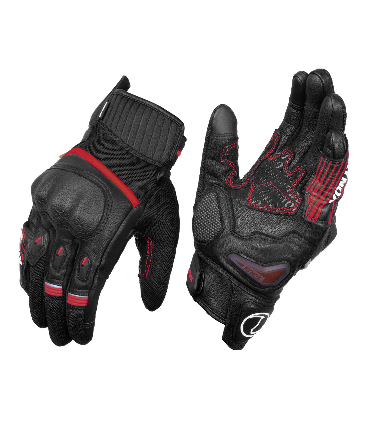 Rynox Tornado Pro 4 Riding Gloves - Black Red Color, Best riding gloves in India are made of Leather, D3O Protection & Touchscreen Friendly. Best Bike Gloves for road trips, long touring and specially made for indian bikes