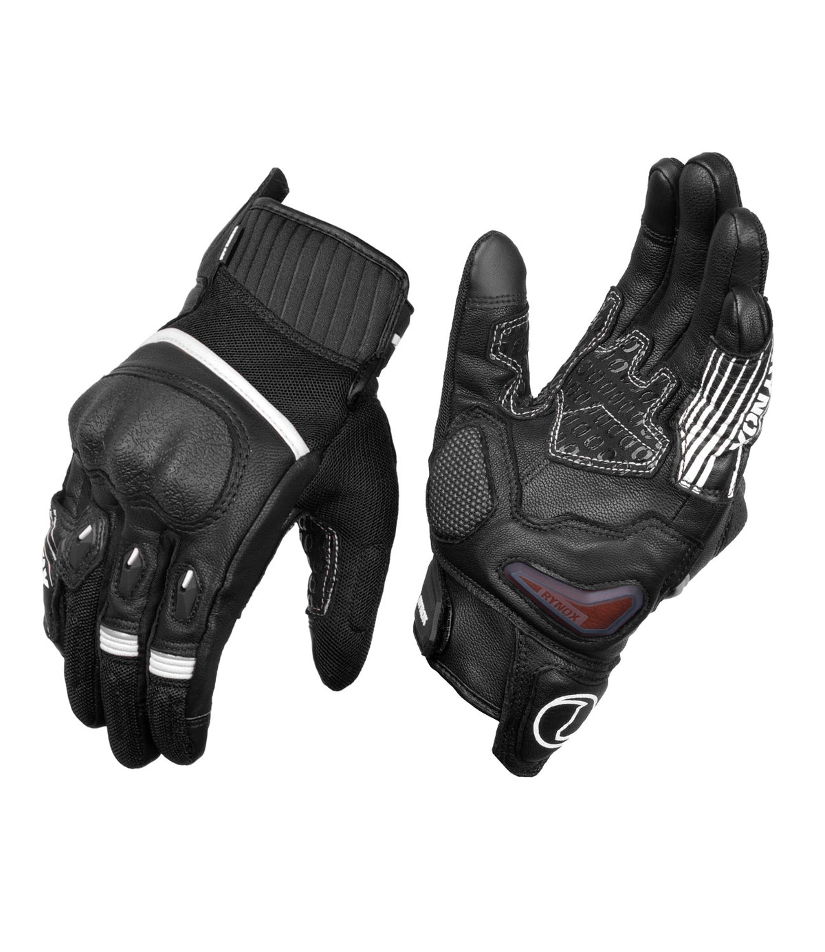 Rynox Tornado Pro 4 Riding Gloves - Black White Color, Best riding gloves in India are made of Leather, D3O Protection & Touchscreen Friendly. Best Bike Gloves for road trips, long touring and specially made for indian bikes