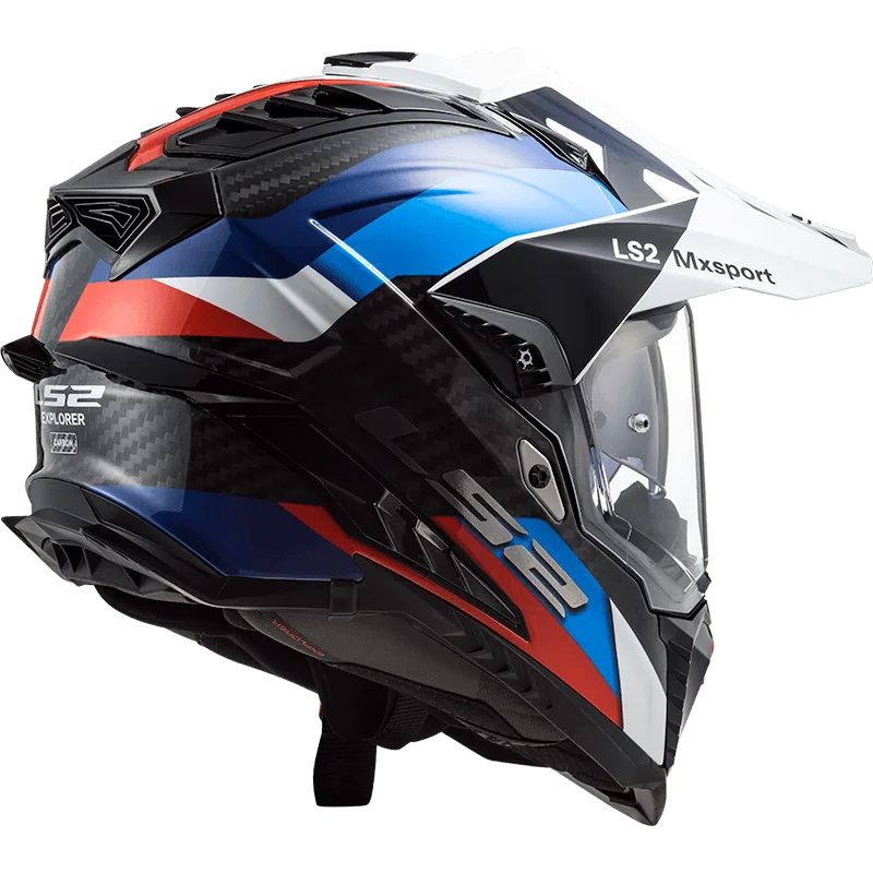 LS2 MX701 Explorer Carbon Frontier Dual Sports Helmet in Gloss Black Blue Color - Best Carbon fiber helmet in India, Best helmet for Bike riders for Indian Bikes, Safest Helmet for Long touring, Road trips, adventure ours