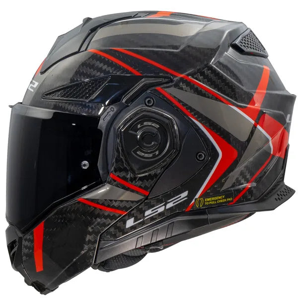 LS2 Advant x Carbon Future Full Face Helmet, Best Affordable Race Helmet in India, Clear Visor Stylish Graphics Helmet safe for indian roads, Top LS2 Helmet in Red Gloss Black Color for Indian Motorcycle Bikes like Royal Enfield, KTM, Yezdi, Pulsar, Triumph,