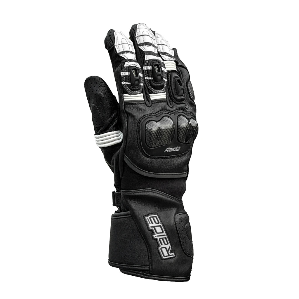Raida Aeroprix Carbon Edition Full Gauntlet Riding Gloves in Black White, Carbon Fiber Protection, Safest Bike Gloves in India, Best Riding Gloves for Bike riders in india