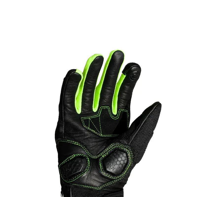 Raida AirWave Full Leather Motorcycle Riding Gloves in Black Green Color – Knox® SPS, TPR Protection & Touchscreen Ready, Best Riding Gloves in India, Safe Bike Gloves for Indian Riders,