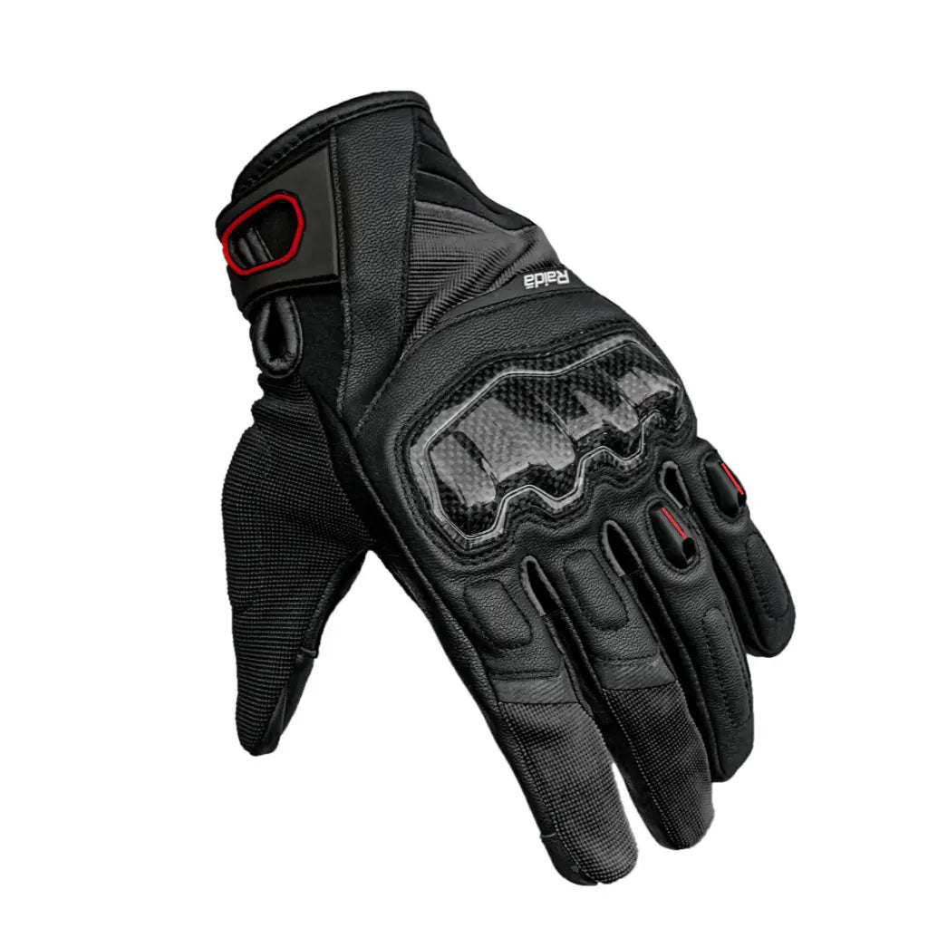 Raida Carbonite Bike Riding Gloves Black Color – Carbon Fiber Knuckles, Leather Build, Touchscreen & Touring Ready, Best Riding Gloves in India, Best Riding gloves for bike riders for safe riding, road trips, long touring