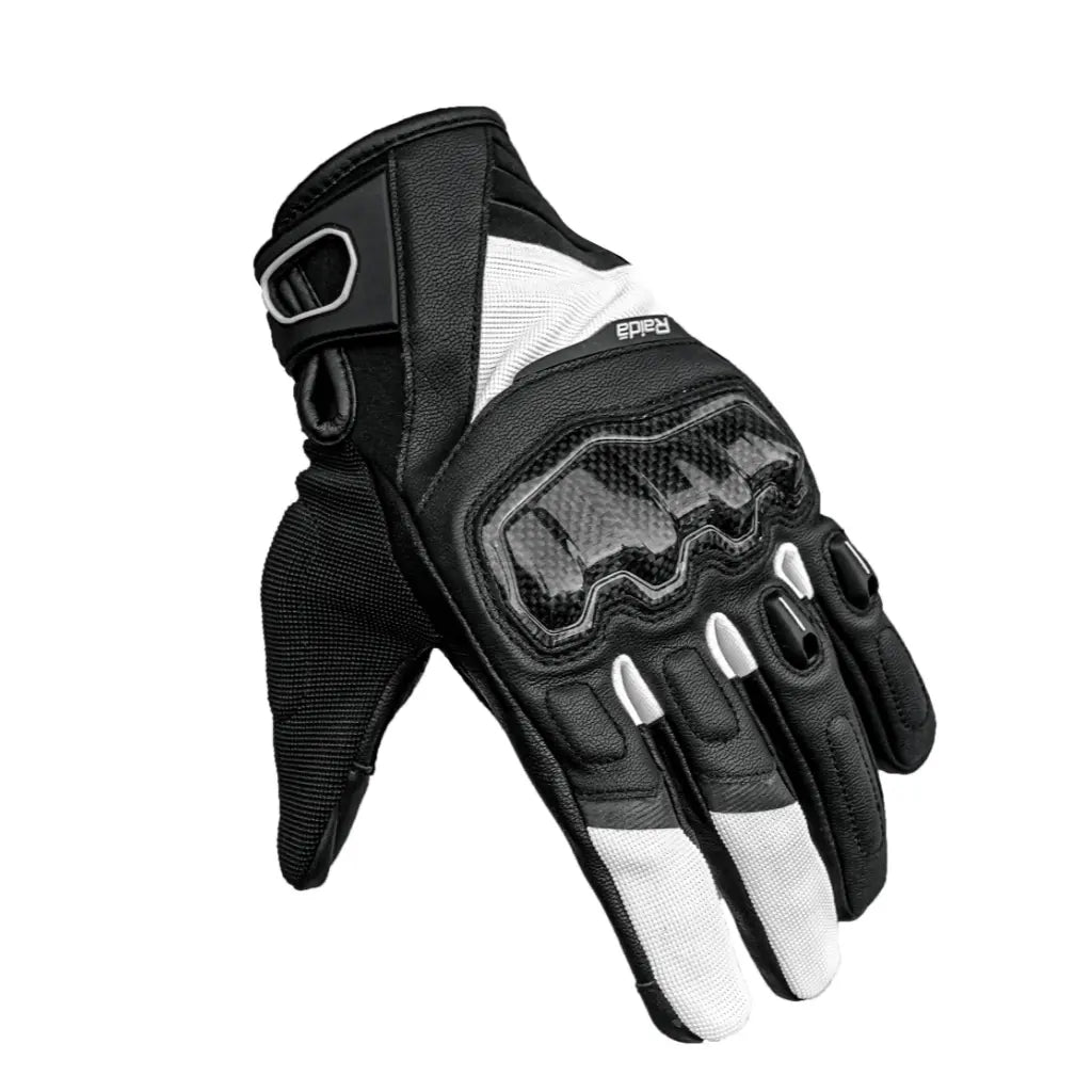 Raida Carbonite Bike Riding Gloves Black White Color – Carbon Fiber Knuckles, Leather Build, Touchscreen & Touring Ready, Best Riding Gloves in India, Best Riding gloves for bike riders for safe riding, road trips, long touring