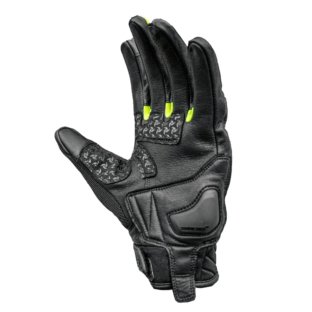Raida Carbonite Bike Riding Gloves Black Yellow Color – Carbon Fiber Knuckles, Leather Build, Touchscreen & Touring Ready, Best Riding Gloves in India, Best Riding gloves for bike riders for safe riding, road trips, long touring