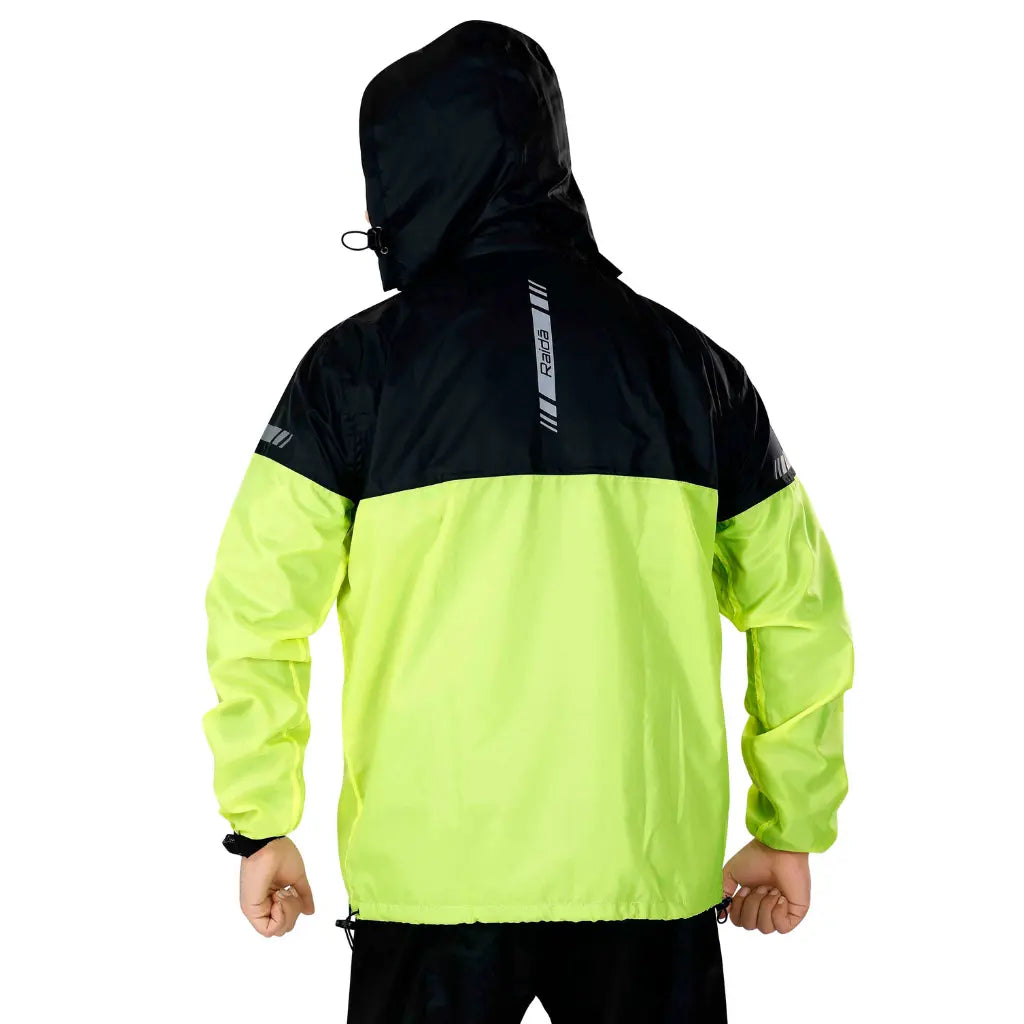 Raida Drymax 15K Rain Jacket in Black Hi Viz Yellow Color – Waterproof Motorcycle Rain Jacket With 15,000Mm Rating, Best Rain Jacket for Bike Riders, Waterproof Jackets for Long Touring, Road Trips, Best Raingear for Bikers, Best Raincoat for Riders in India