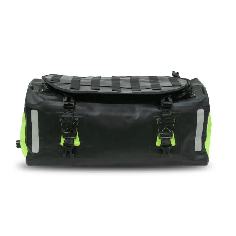 Raida Luggage Dryporter Waterproof Tail Bag in Black Hi Viz Green Color – 40L Ipx5 Dry Duffle Bag With Backpack Straps, Best Luggage Bag for Adventure trips, long touring, road trips, bike riding, Best tail bag for bike riders, waterproof duffle bag for adventure riding, indian bikes