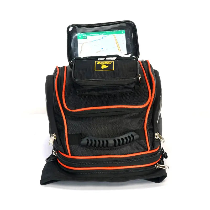 Raida Luggage Gps-Series Magnetic Tank Bag in Black Orange Color – Expandable Motorcycle Tank Bag With Backpack Straps, Best Magnetic Tank Bags in India, Luggage bags for bike riders, Best Tank Bags for long touring, road trips, adventure rides