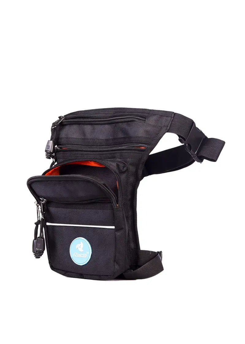 Raida Thrux Motorcycle Thigh Bag in Black Color – 1680D Utility Bag With Multiple Pockets For Riders, Best Thigh Bag for Bike Riders, Best Thigh Bag in India for Long Touring, Adventure Riders, Urban Rides, Road Trips