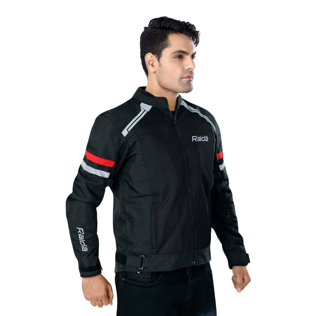Raida Tourer Motorcycle Jacket in Black Red Color – Budget-Friendly Best Riding Jacket under 5000 in India, Best Bike jacket for riders under 5k, Ce Level 2 Armored Riding Jacket ith full safety and protection, Best Bike Jacket for Long touring, road trips, safe long tours for motorcycle riders riding Indian Bikes