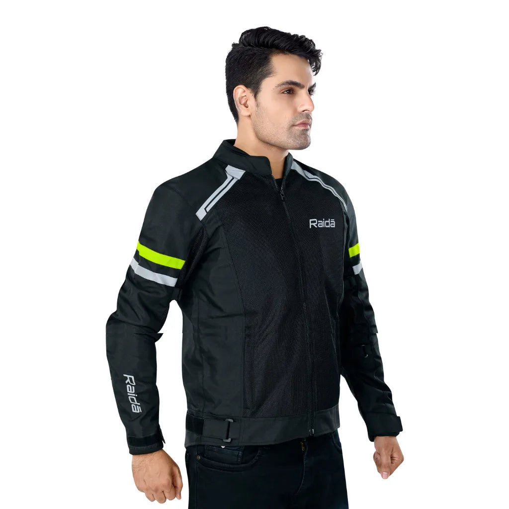 Raida Tourer Motorcycle Jacket in Black Hi Viz Yellow Color – Budget-Friendly Best Riding Jacket under 5000 in India, Best Bike jacket for riders under 5k, Ce Level 2 Armored Riding Jacket ith full safety and protection, Best Bike Jacket for Long touring, road trips, safe long tours for motorcycle riders riding Indian Bikes