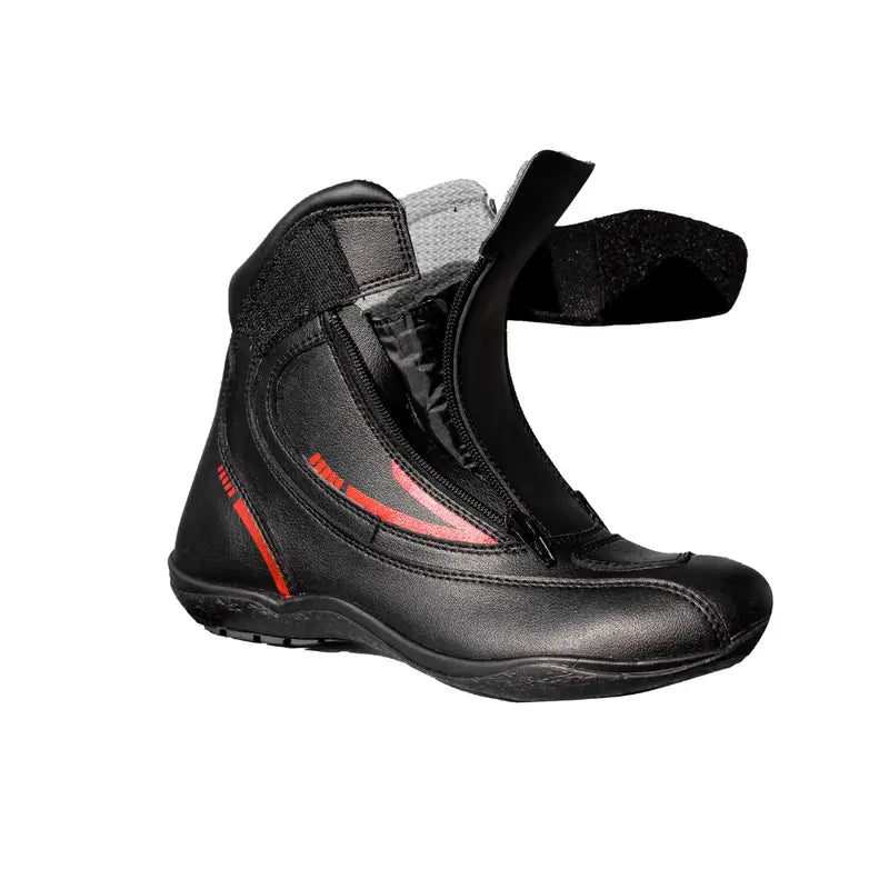 Raida Tourer Motorcycle Riding Boots Black Red Color – Isi-Certified Short Touring Boots With Dual Zippers, Best Riding Boots in India, Best Riding Shoes for Long touring, Road trips.