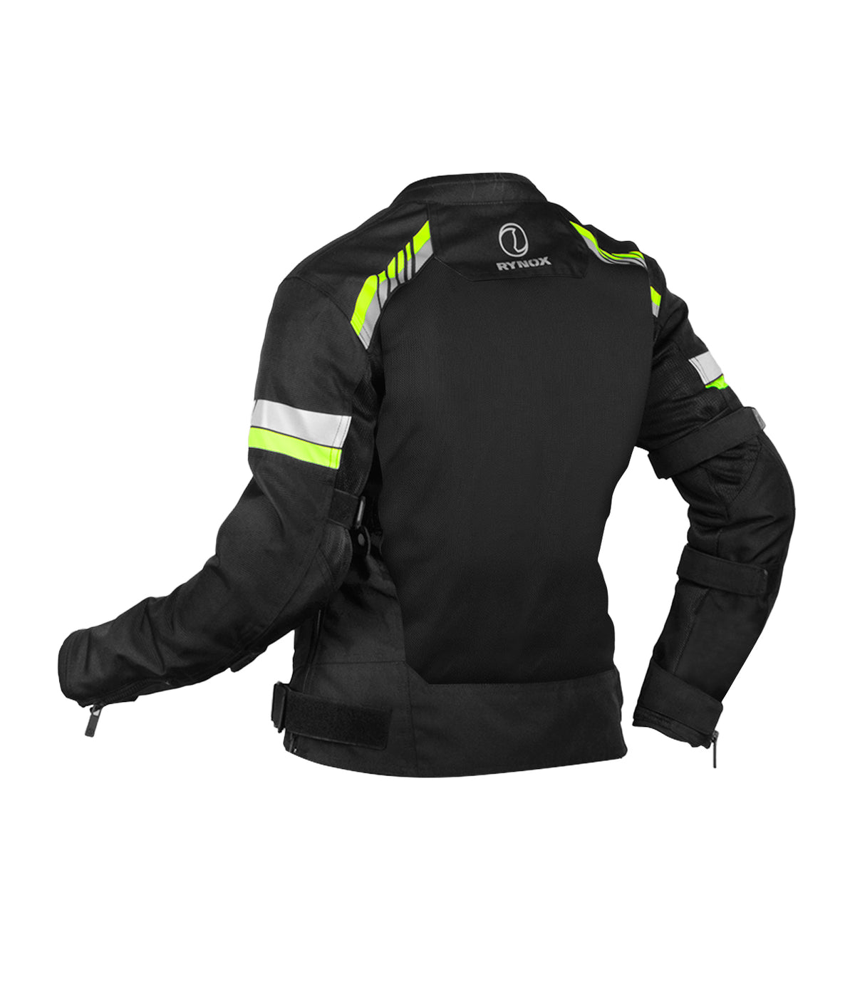 Rynox Air GT 4 Womens Riding Jacket in stylish black hi viz green color - CE Level 2 Certified Touring Jacket for Women, Best riding jacket for women riders in india, best womens riding jacket under 10,000, womens riding jacket for road trips and long tours made especialy for women who ride on indian roads and indian motorcycle bikes