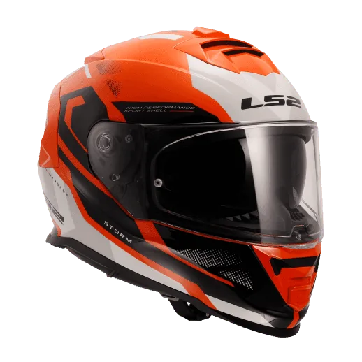 LS2 Storm 2 Kronos Full Face Helmet, Best Affordable Race Helmet in India, Clear Visor Stylish Graphics Helmet safe for indian roads, Top LS2 Helmet in Orange White Color for Indian Motorcycle Bikes like Royal Enfield, KTM, Yezdi, Pulsar, Triumph,